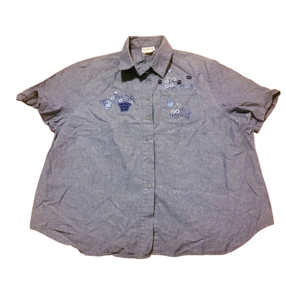 Vtg Gardening Embroidered Denim Blue Button Up Shirt Size XLP Spring Floral